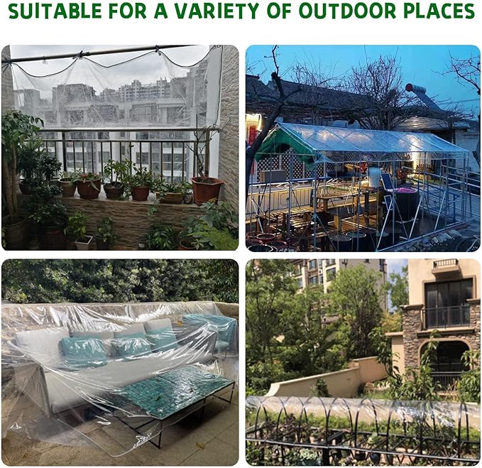 Clear Tarps Heavy Duty Waterproof, 15Mil Transparent PVC Vinyl Tarpaulin with Grommets, Ropes, Reinforced Edge, Tear-Resistant, Anti-UV for Greenhouse, Patio, Garden, Porch, Pavilion, Outdoor
