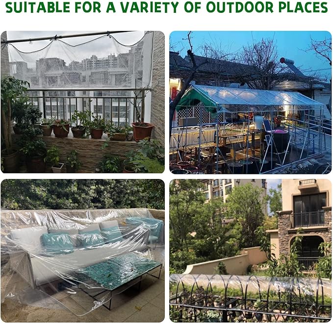 Clear Tarps Heavy Duty Waterproof, Transparent PVC Vinyl Tarpaulin with Grommets, Ropes, Reinforced Edge, Tear-Resistant, Anti-UV for Greenhouse, Patio, Garden, Porch, Pavilion, Outdoor