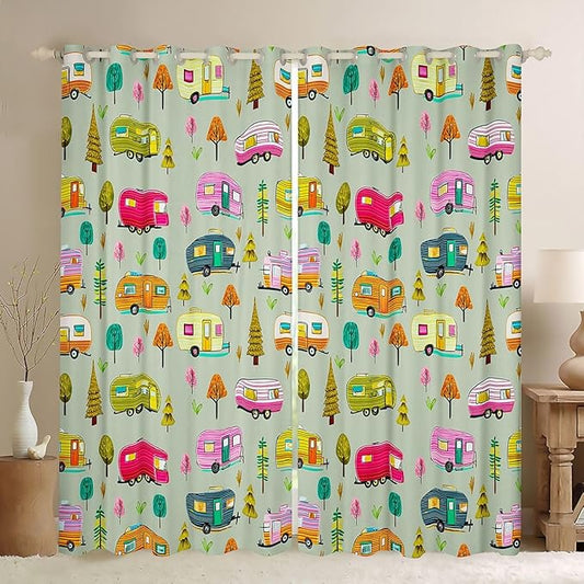 Feelyou Vintage Camper Curtains for Bedroom Living Room RV Travel Trailer Blackout Darkening Drapes Green Camping Theme Window Treatments, 2 Panels 38 x 45 Inch Room Decor