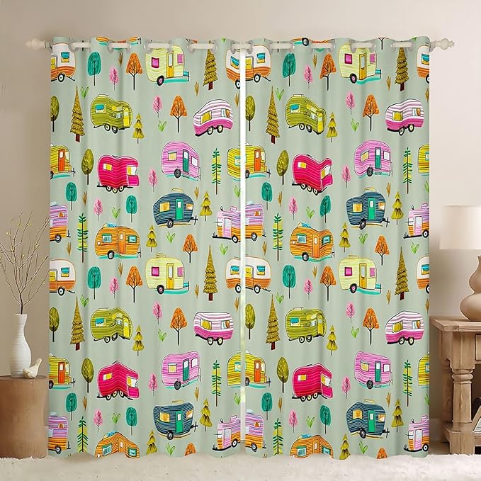 Feelyou Vintage Camper Curtains for Bedroom Living Room RV Travel Trailer Blackout Darkening Drapes Green Camping Theme Window Treatments, 2 Panels 42 x 63 Inch Room Decor