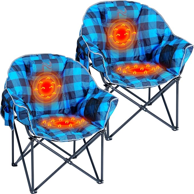 2 Pack Oversized Heated Camping Chair, 3 Heating Levels Portable Folding Camp Chairs with Pillow and Storage Bag, Outdoor Heated Moon Chair for Camping Lawn Patio Beach and Picnics, Blue Grid