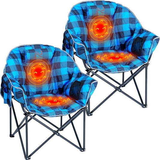2 Pack Oversized Heated Camping Chair, 3 Heating Levels Portable Folding Camp Chairs with Pillow and Storage Bag, Outdoor Heated Moon Chair for Camping Lawn Patio Beach and Picnics, Blue Grid