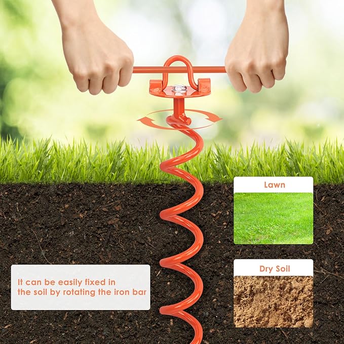MIXXIDEA Gound Anchors Screw in, Metal Spiral Earth Anchors Kit, Heavy Duty Folding Ring Spiral Stake with Straps, Ground Stakes for Tent (Orange, 17.5 Inch)