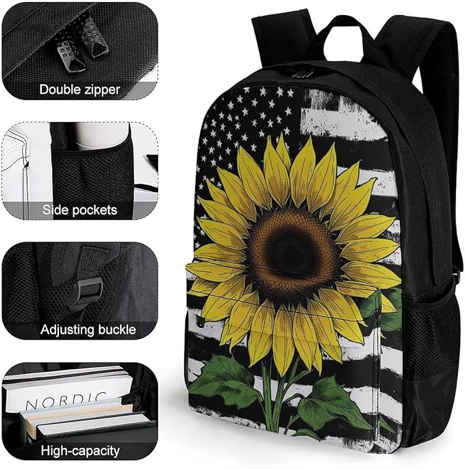 Supdreamc Men Women Lightweight American Thin Black Line Flag Sunflower Art Backpack Large Capacity Carry On Bag With Padded Straps for Sports Work Walking Cycling