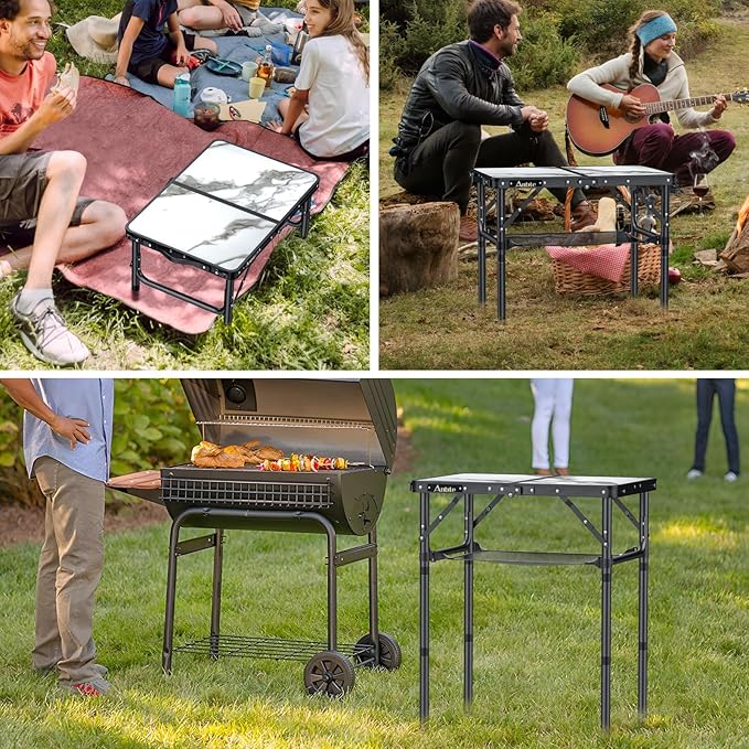Folding Camping Table with Storage Net, 3 Adjustable Height Max 27.5" Aluminum Small Folding Table, Portable Table with Carry Handle, Lightweight, for Outdoor Indoor Travel Camping Picnic