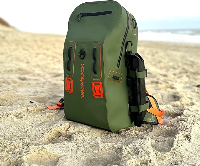 YakAttack 28L DryPak Waterproof Backpack with 2 Attachable Fishing Rod Holders – Green/Orange | Floating Marine Dry Bag Pack with Padded Straps | Lightweight Hiking & Kayaking Gear & Storage Drybag