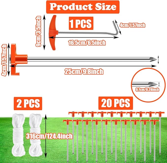 smillixin 23 Pack Tent Stakes Heavy Duty,10 Inch Non-Rust Metal Tent Pegs Camping Stakes,Ground Stakes Tent Spikes for Camping,Garden,Hiking,Grassland,with 1 Pcs Hooked Head & 2 Pcs 10FT Ropes