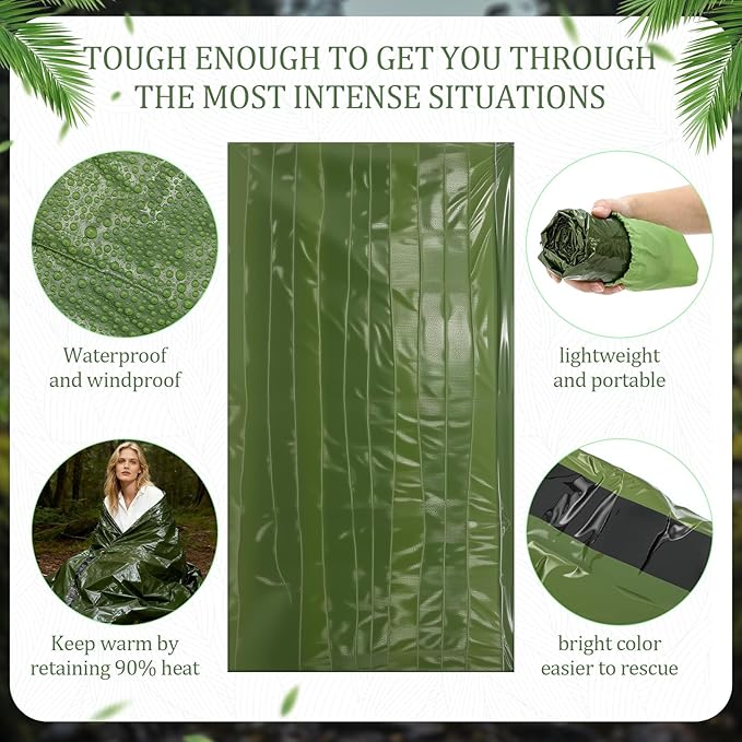 Mixweer 12 Pcs Emergency Sleeping Bag Portable Survival Thermal Bivy Sack Lightweight Emergency Shelter for Homeless People Waterproof Bivy Bag for Camping Hiking Adventure Outdoor, Green