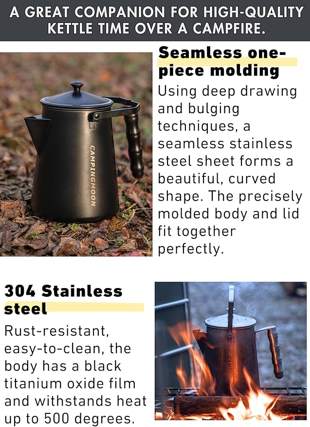 CAMPINGMOON 1.5L Campfire Kettle Stainless Steel Camping Kettle Black BKSW-6