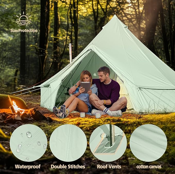 Cotton Canvas Bell Tent, Waterproof Large Tents with Sturdy Center & Door Pole and Space for 4/6/8 Person All 4 Season Camping Yurt Tent