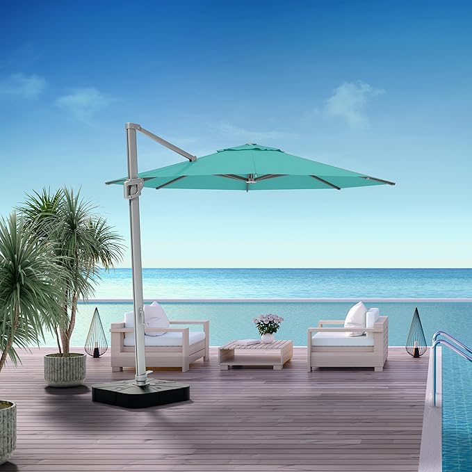 Midtown Umbrellas 10 Ft Outdoor Cantilever Patio Umbrella w/Sunbrella Aruba - Rotate Tilt 360° Rotate Offset Patio Umbrella, Deck Patio Umbrella, Backyard Umbrella & Garden Umbrella - Silver Frame