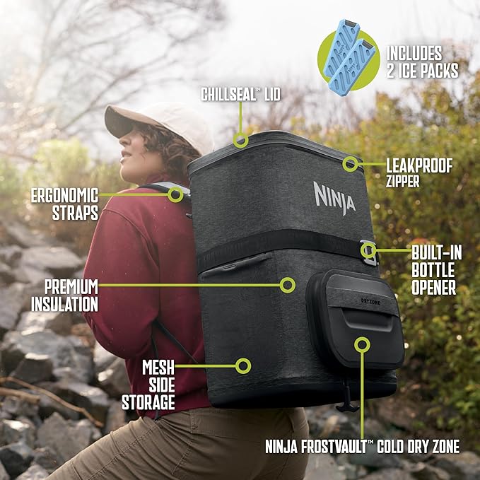 Ninja FrostVault Go Can Soft Cooler, 24/36 Can, Leak Proof, Built-In Cup Holder, 2 Ice Packs & Dry Storage Drawer, Polyester Insulation, Hiking, Camping, Picnic