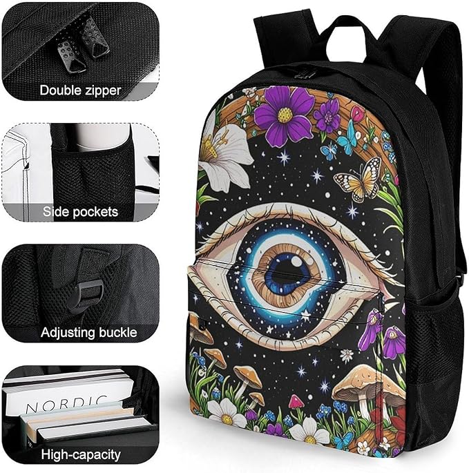 Supdreamc Daypack Backpack Multipurpose Anti-Theft Large Capacity Bookbag, Psychedelic Flower Eye Mushroom Trippy Art Travel Hiking Camping Rucksack With Adjustable Shoulder Straps