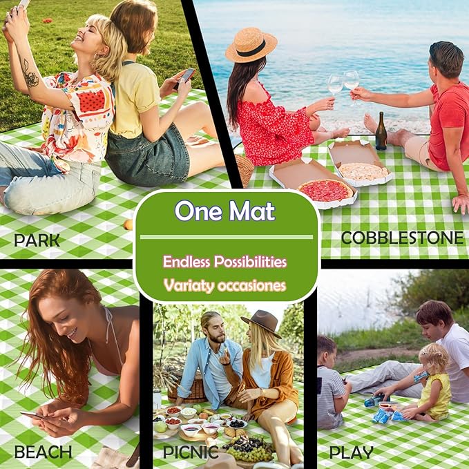 Picnic Camping Blankets, 3 Layers Thick Soft Gingham Blanket, Large 59X79IN Foldable Waterproof Rug, Portable Outdoor Mat for Beach Grass Hiking Park Travel, Sandproof, Machine Washable-Green