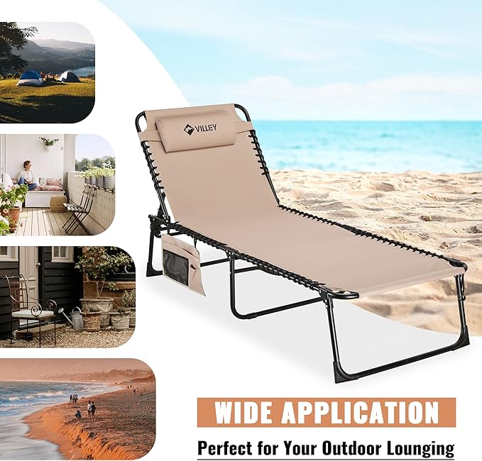 VILLEY Oversize Chaise Lounge Outdoor, Heavy-Duty Folding Lounge Chair for Outside, Portable Trifold Beach Lounger with 5 Adjustable Positions for Outdoor, Patio, Beach, Lawn, Backyard, Camping -Beige