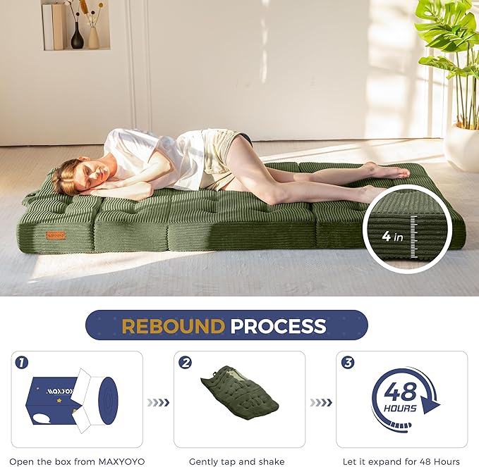MAXYOYO Folding Mattress, 4 Inch Tufted Foldable Mattress Full Foam Bed, Tri-Fold Floor Couch with Handles Guest Bed Topper Portable Camping Mat with Corded Fabric, Twin Size, Dark Green