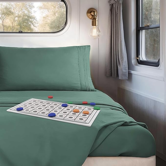 Hearth & Harbor Short Queen Sheets for RV, Forest Green RV Queen Sheets, Silky Soft 1800 Microfiber Bed Sheet for Camper, 4 Piece RV Bedding with Pillowcases