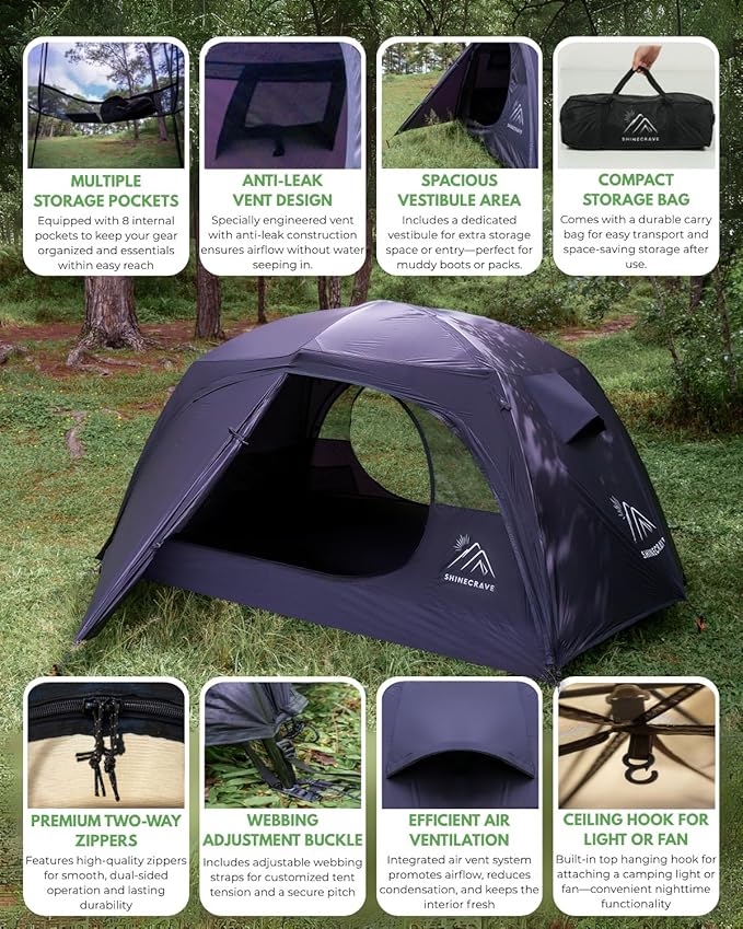 Camping Tent 2 Person,Ultra Large Capacity, 20D Nylon, Lightweight 3 Season Backpacking Tent 2 Person, PU3000mm, Free Standing, Ideal for Camping, Hiking, Glamping, Mountaineering