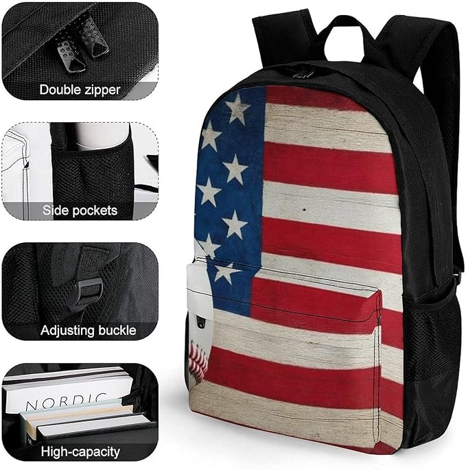 Polyester Daypack Backpack for Trekking Picnic Walking Cycling, Large Capacity Anti-Theft Multipurpose Shoulder Bag, Baseball Rustic Wooden American Flag Casual Daypack