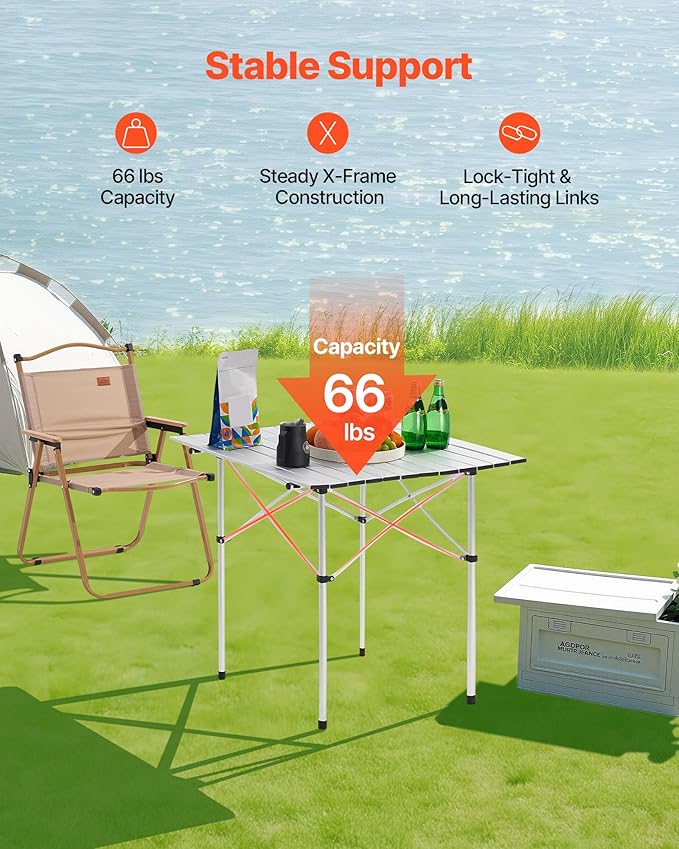 VEVOR Folding Camping Table, Portable Roll Up Side Tables, Lightweight Aluminum Table for Outdoor BBQ Tailgating Picnic, Travel (28 inch-Silver)