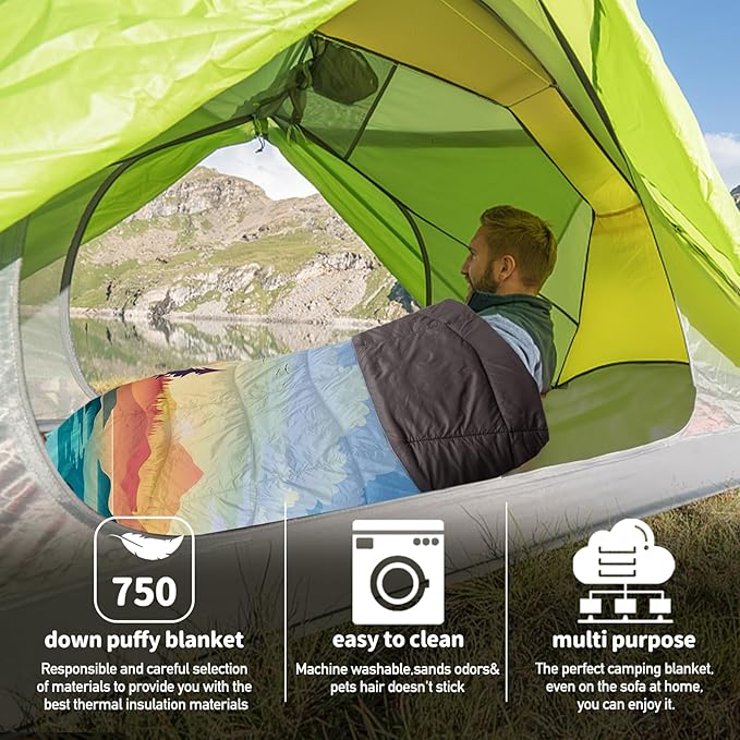 Outdoor Puffy Camping Blanket, Lightweight Down Alternative Puffy Printed Camping Large Ultra Warm Hammock Top Quilt Waterproof Blanket for Traveling Picnic Beach Party Cold Weather (Sunset)