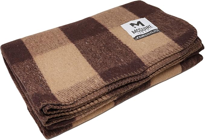 M MCGUIRE GEAR Warm Wool Bunkhouse Plaid Blanket for Camping, Home, Survival, or First Aid, 64" x 90" (Light Brown/Brown)