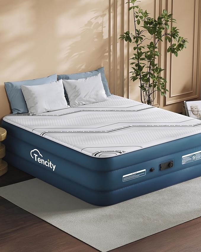 20” Tall Luxury Air Mattress with Quilted Foam Topper, Extra Firm Support with U-shaped PVC strap Inflatable Bed, Quiet & Comfortable Blow Up Bed for Home Guests, Camping, Travel, Fast Inflate AirBed