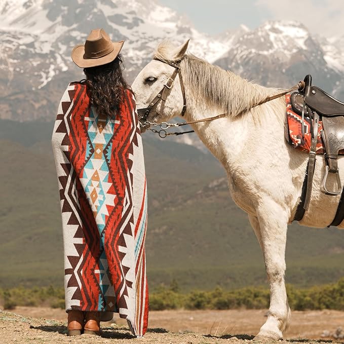 Aztec Throw Blanket with Soft Sherpa Lining, Traditional Southwestern Navajo Tribal Style Warm Throw for Camping, Outdoor, Cozy Boho Blanket for Couch, Sofa, Bed, 50"x60", Stripe Red