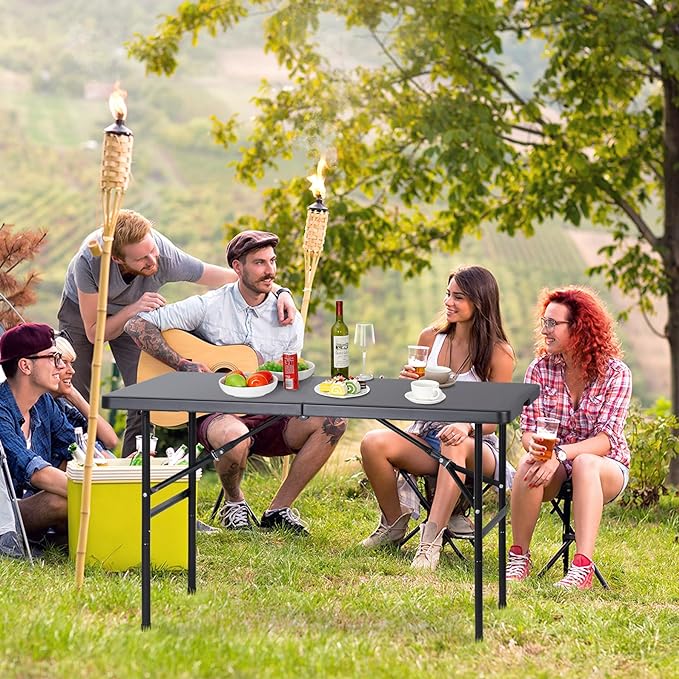 SUPER DEAL Portable 4 Foot Plastic Folding Table, Indoor Outdoor Heavy Duty Fold-in-Half Picnic Party Camping Barbecues Table with Carrying Handle, Black
