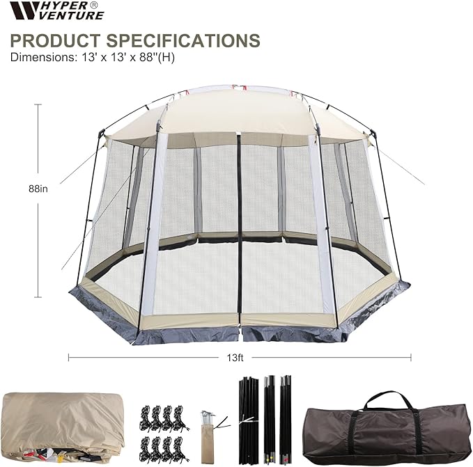 HYPER VENTURE Screen House 13x13 Feet Octagonal Mesh Canopy Camping Gazebo Shelter Tent for 8-10 People Outdoor Party Activities, Khaki