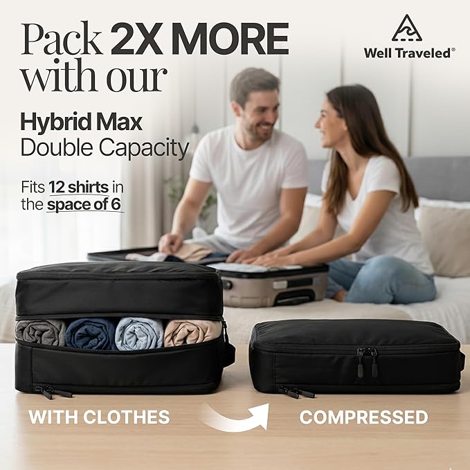 Well Traveled 8 pcs Compression Packing Bags Cubes Set with HybridMax Double-Capacity Design - Packing Cubes for Travel Compression to Maximize Limited Luggage Space, Black