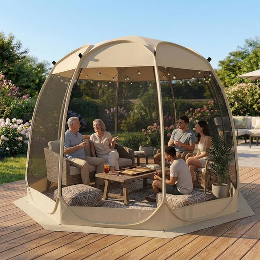 TABU Pop Up Screen House Tent, 12x12 FT Screen Room Canopy with Mosquito Mesh, Instant UV Resistant Shelter with Carry Bag, for 8-10 Person, Beige