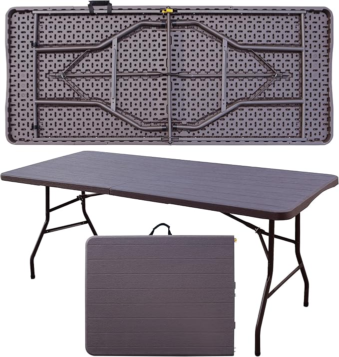Foldable Table, Plastic 6FT Folding Table, Indoor Outdoor Portable Utility Table with Handle for Party, Camping and Picnic, Brown