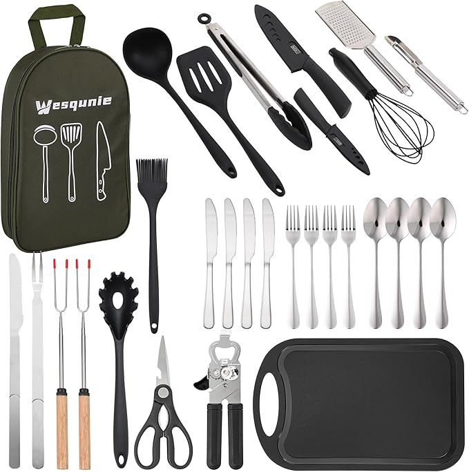 Camping Cooking Essentials Utensils Set - Camp Cookware Kitchen Accessories Kit, Camper Gear Must Haves, Stainless Steel & Silicone, RV Car Portable Outdoor Equipment Tool