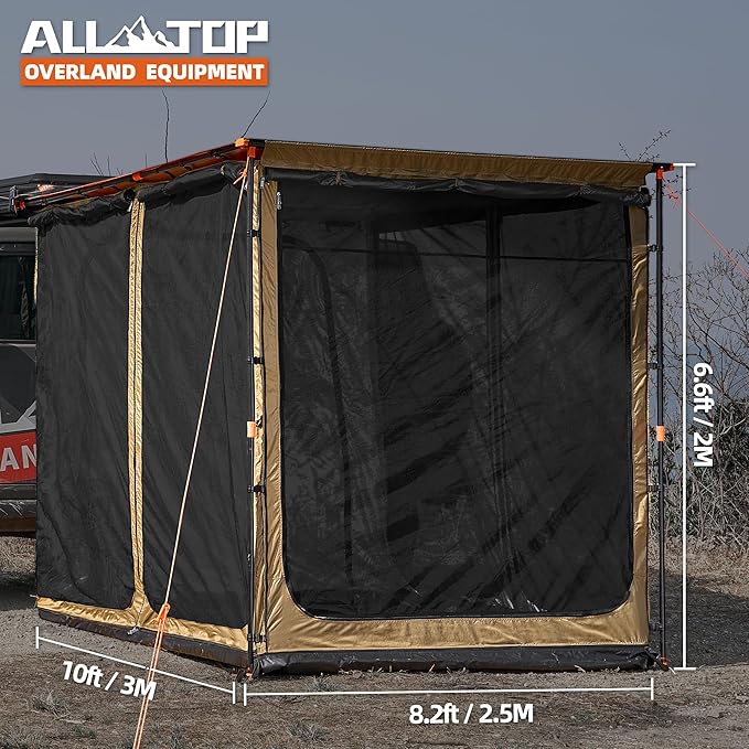ALL-TOP Awning Room with Floor 8.2' x 10' Rip-Stop 210D Oxford Awning Tent with Bug-Resistance Mesh, Waterproof Sun Shelter for Overland, Camping(Black Coating, Room Only)