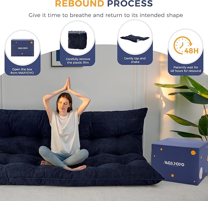 MAXYOYO 6" Japanese Floor Mattress, Foldable Futon Mattress Queen Size, Tufted Roll Up Floor Bed, Thick Tatami Mat Sleeping Pad Portable Lounger for Camping Guest Room Dormitory Bedroom RV, Navy