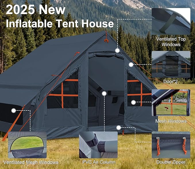 Inflatable Tents for Camping with Stove Jack, 2/4/6/8 Person Easy Setup Blow Up Tents for 4 Seasons Waterproof Inflatable Camping Tent with Awning, Air House Glamping Tents for Camping Adult