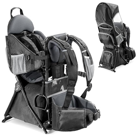 besrey Baby Backpack Carrier, Toddler Hiking Backpack with Safety 3-Height Seat, Adjustable Straps&Waist Belt, Foldable Frame Lightweight Large Capacity Child Carrier for Hiking (Shiny Black)