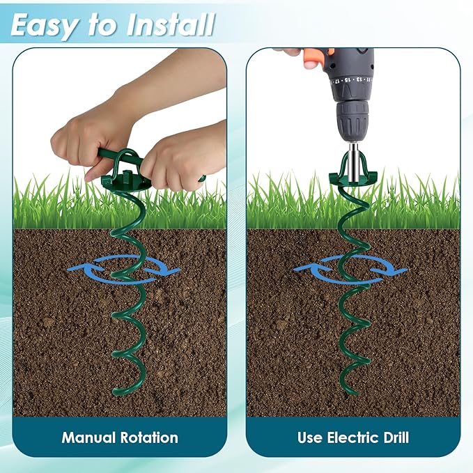 FEED GARDEN 16 Inch Spiral Ground Anchors Heavy Duty Screw in Spiral Stakes, 4 Pack Folding Ring Ground Stakes for Securing Dogs,Tents, Trampolines, Canopies, Swing Sets,Green