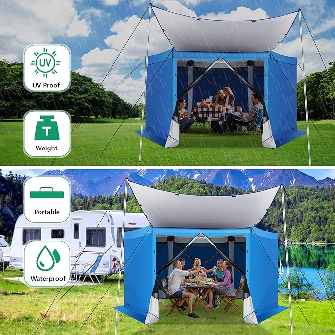 COBIZI Pop Up Gazebo Screen Tent Screen House for Camping, 12x12 Screen Room with Mosquito Netting, Hub Tent Instant Screened Canopy with Carrying Bag and Ground Stakes, Blue