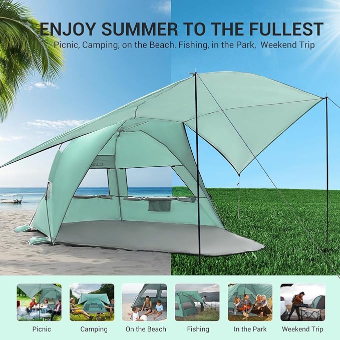 Elegear CumbreX™ Beach Tent with 360° Removable Canopy, 4-6 Person Pop Up Sun Shade Shelter, UPF 50+ Automated Installation Double Silver Coating Portable Lightweight Beach Cabana for Outdoor - Green