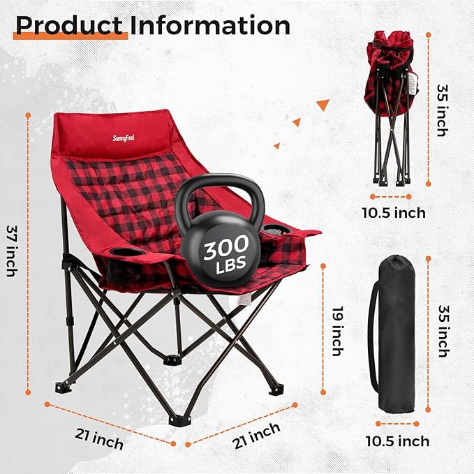 SUNNYFEEL 2 Pack Heavy Duty Camping Chairs for Adults Portable Oversized Folding Chair with Side Pockets & Cup Holde for Fishing,Trip,Picnic,Lawn,Concert Outdoor, Carry Bag Included