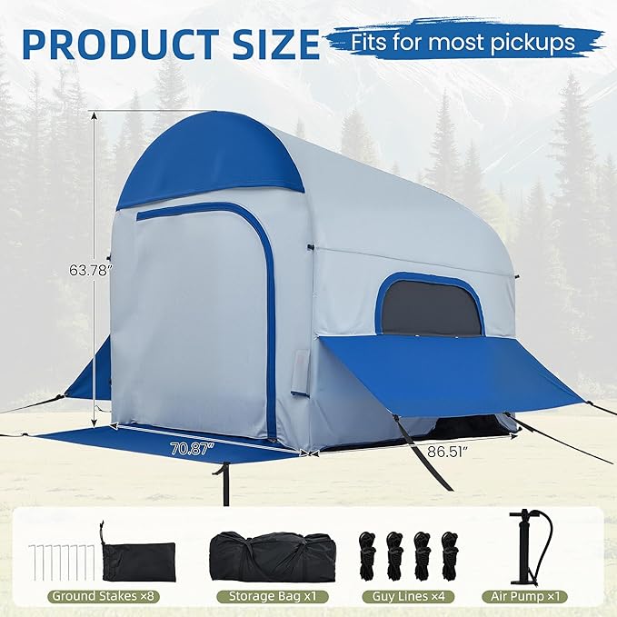 Inflatable Truck Bed Tents 5.5 ft–8 ft with Air Pump, 3-Minute Fast Setup Pickup Truck Tent for Camping, Dual-Use Truck Bed Tent & Ground Tent, Waterproof All-Weather