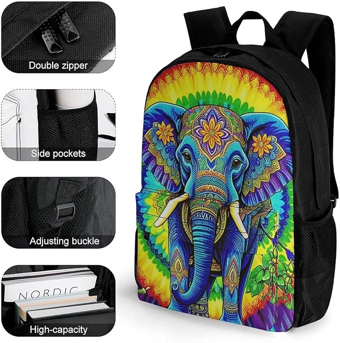 Supdreamc Daypack Backpack Anti-Theft Multipurpose Large Capacity Carry On Bag, Tie Dye Elephant Traveling Camping Backpack With Side Pockets