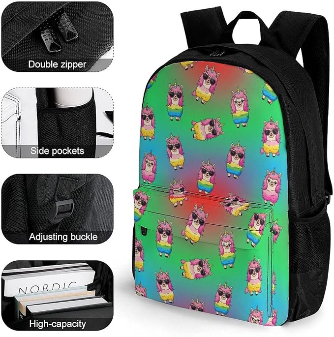 Rucksacks Polyester Anti-Theft Multipurpose Cute Funny Llama Rainbow Alpaca Unicorns Carry On Bag Large Capacity Gym Outdoor Hiking Backpack With Smooth Zippers