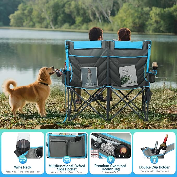 Oversized Double Camping Chairs for Adults, High-Back Loveseat with Pillows, Dual Cup Holders & Cooler Bags - Heavy Duty 2 Person Folding Chair, 800LBS Capacity, Outdoor, Picnic, Lawn (Bluegrey)