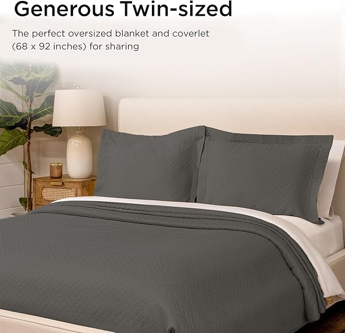 Threadmill Luxury Cotton Blankets for Twin Size Bed | All-Season 100% Cotton Twin Blanket for Bed | Criss Cross Jacquard Lightweight, Soft & Cozy Coverlet, 350GSM, 68 x 90 inches | Dark Grey