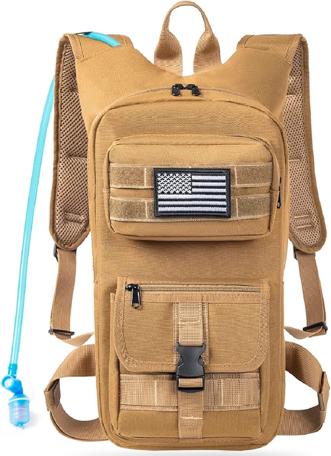 Hydration Backpack, Tactical Molle Water with 2L TPU Water Bladder, for Men Women Lightweight Water Backpack, Hydration Pack for Hiking, Biking, Climbing and Hunting, Khaki