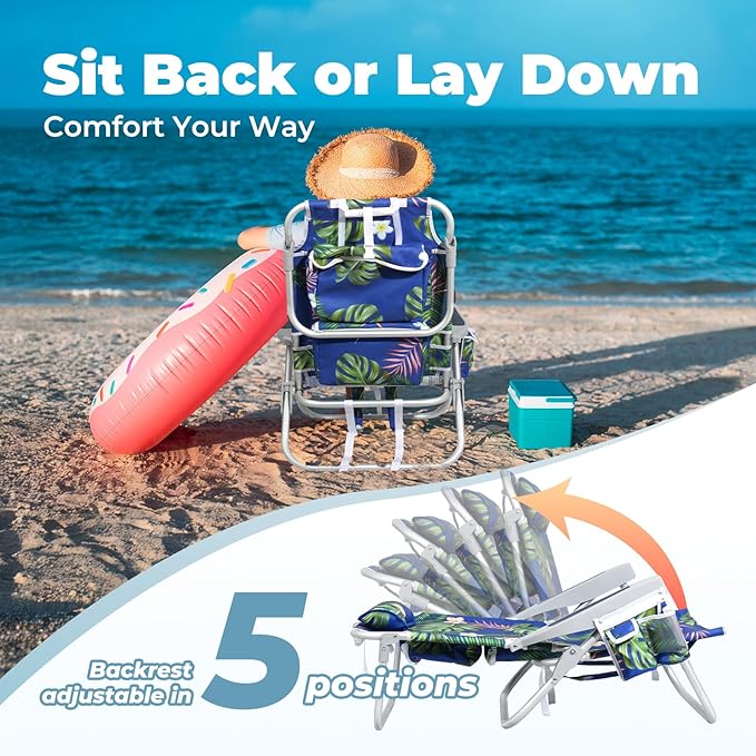 Low Beach Chairs for Adults - 5-Position Reclining Backpack Chair with Large Insulated Cooler & Storage Pocket, Aluminum Frame, Portable for Travel & Outdoor, Supports 300lbs, Tropical Palm