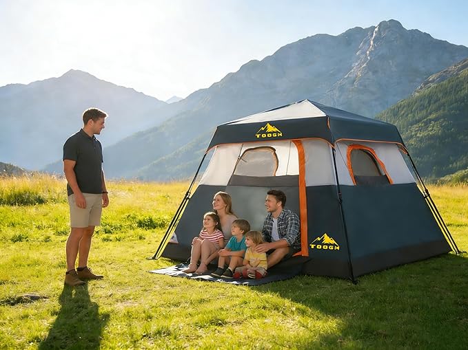 3/4 Person Camping Tent with 1 Door, 4 Windows, and Upgraded Ventilation– Instant Setup, Waterproof, 8'x 8'x 67''Oxford Fabric Floor Pop Up in 60 Seconds Includes Rainfly and Backpack
